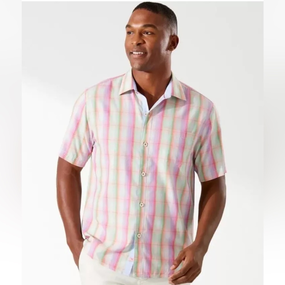 Tommy Bahama Mens Ombré Isles Plaid Silk Camp‎ Shirt Very Berry Size M